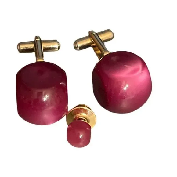 Vtg Cranberry Moonglow Plum Gold statement Jewelry Designer Cuff Links & Tie Pin